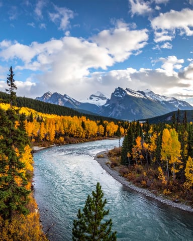 Autumn river winding through golden trees with snow-capped Rockies
