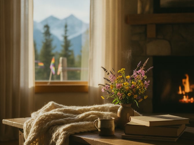 Cozy window seat with wildflower bouquet, books, and blanket overlooking mountains and forest